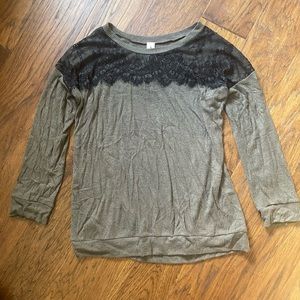 VANILLA BAY Dark Olive Green Long Sleeve Black Scallop Lace Detail Top 3X